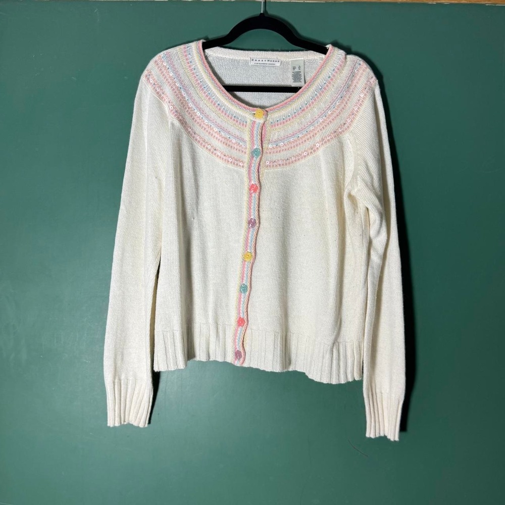 Crazy Horse Liz Claiborne Vintage Y2K White Pastel Button Cardigan Sweater XL